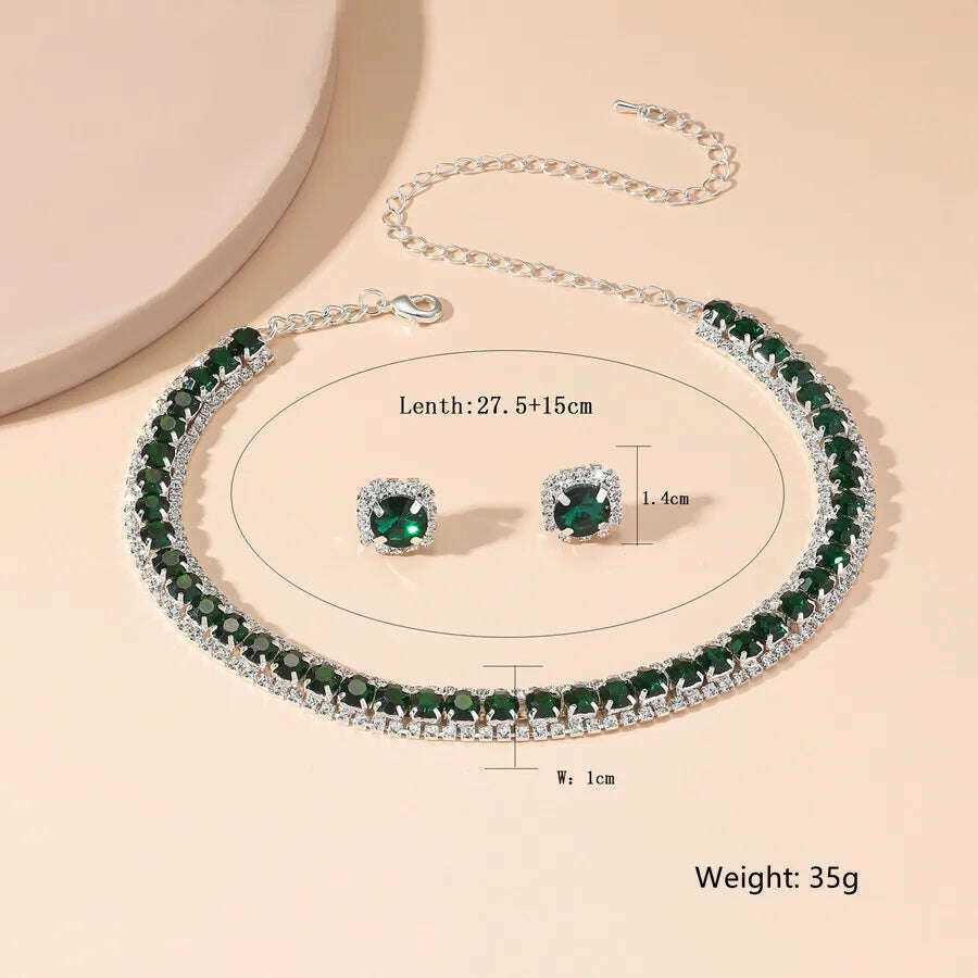 KIMLUD, FYUAN Luxury Necklace Earrings Sets Green Crystal Necklace Women Weddings Bride Jewelry Accessories, KIMLUD Women's Clothes