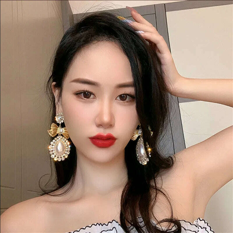 FYUAN Vintage Gold Color Bowknot Crystal Earrings for Women Oversize Water Drop Pearl Dangle Earrings Statement Jewelry - KIMLUD