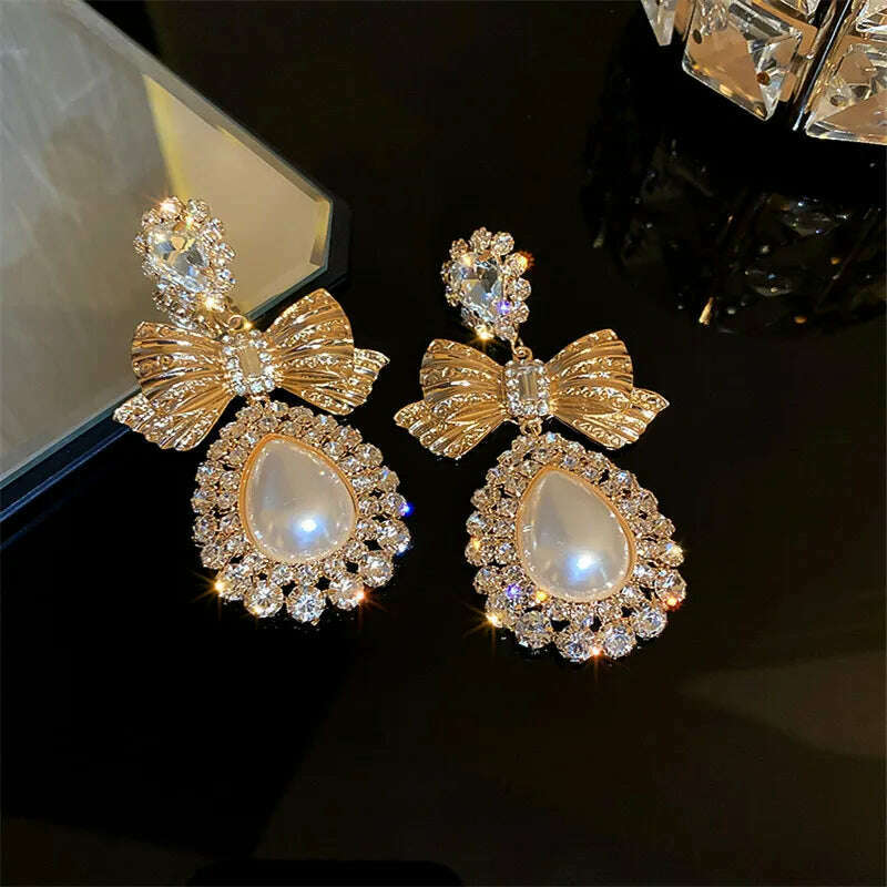 FYUAN Vintage Gold Color Bowknot Crystal Earrings for Women Oversize Water Drop Pearl Dangle Earrings Statement Jewelry - KIMLUD