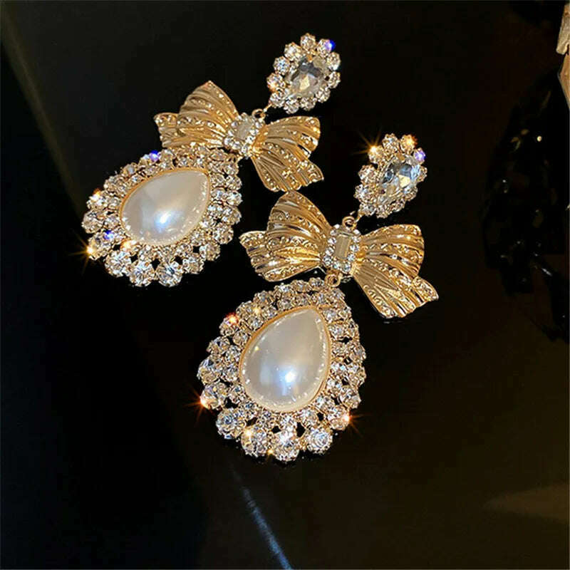 FYUAN Vintage Gold Color Bowknot Crystal Earrings for Women Oversize Water Drop Pearl Dangle Earrings Statement Jewelry - KIMLUD