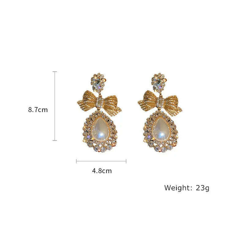FYUAN Vintage Gold Color Bowknot Crystal Earrings for Women Oversize Water Drop Pearl Dangle Earrings Statement Jewelry - KIMLUD
