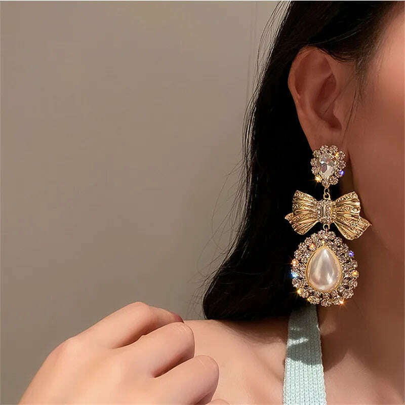 FYUAN Vintage Gold Color Bowknot Crystal Earrings for Women Oversize Water Drop Pearl Dangle Earrings Statement Jewelry - KIMLUD
