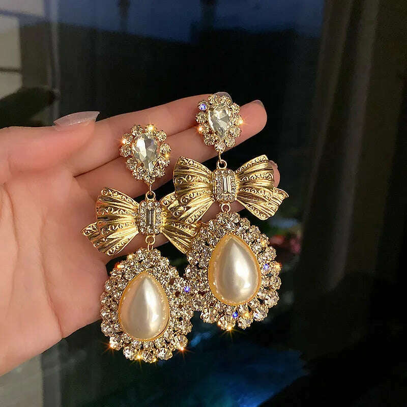 FYUAN Vintage Gold Color Bowknot Crystal Earrings for Women Oversize Water Drop Pearl Dangle Earrings Statement Jewelry - KIMLUD