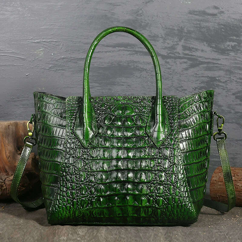 KIMLUD, GAGACIA Cow Leather Handbag For Women Crocodile Pattern Purses And Handbags Luxury Designer Genuine Leather Ladies Shoulder Bags, Wild Green / 27cm-15cm-23cm, KIMLUD APPAREL - Womens Clothes