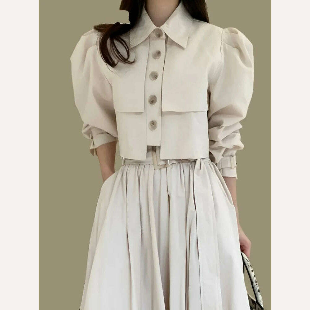 GALCAUR Solid Fashion Shirts For Women Lapel Long Sleeve Single Breasted Folds Patchwork Korean Short Blouse Female Spring New - KIMLUD