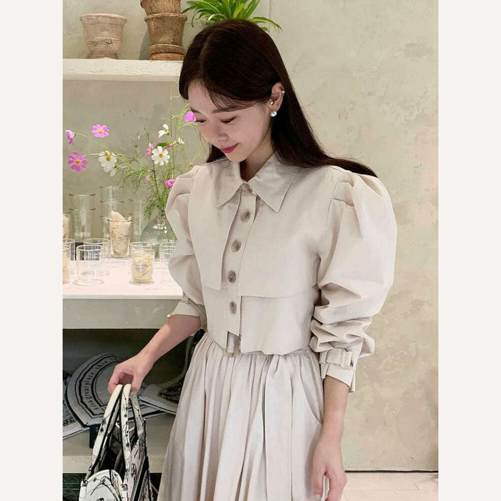 GALCAUR Solid Fashion Shirts For Women Lapel Long Sleeve Single Breasted Folds Patchwork Korean Short Blouse Female Spring New - KIMLUD