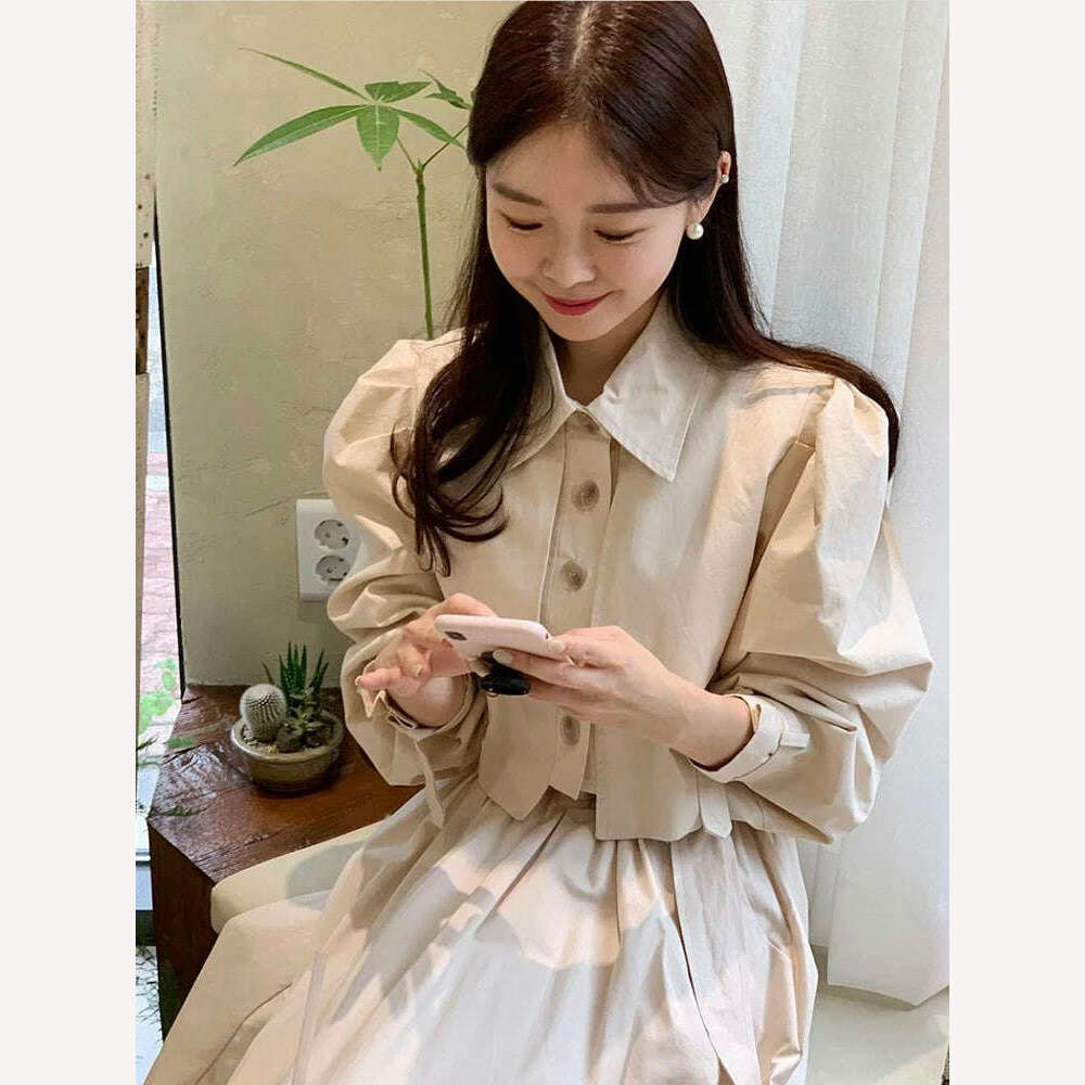 GALCAUR Solid Fashion Shirts For Women Lapel Long Sleeve Single Breasted Folds Patchwork Korean Short Blouse Female Spring New - KIMLUD