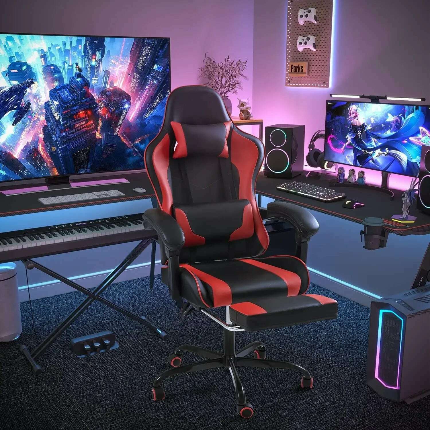 KIMLUD, Gaming Chair with Footrest and Massage Lumbar Support, Video Racing Seat Height Adjustable with 360°Swivel and Headrest, KIMLUD Womens Clothes