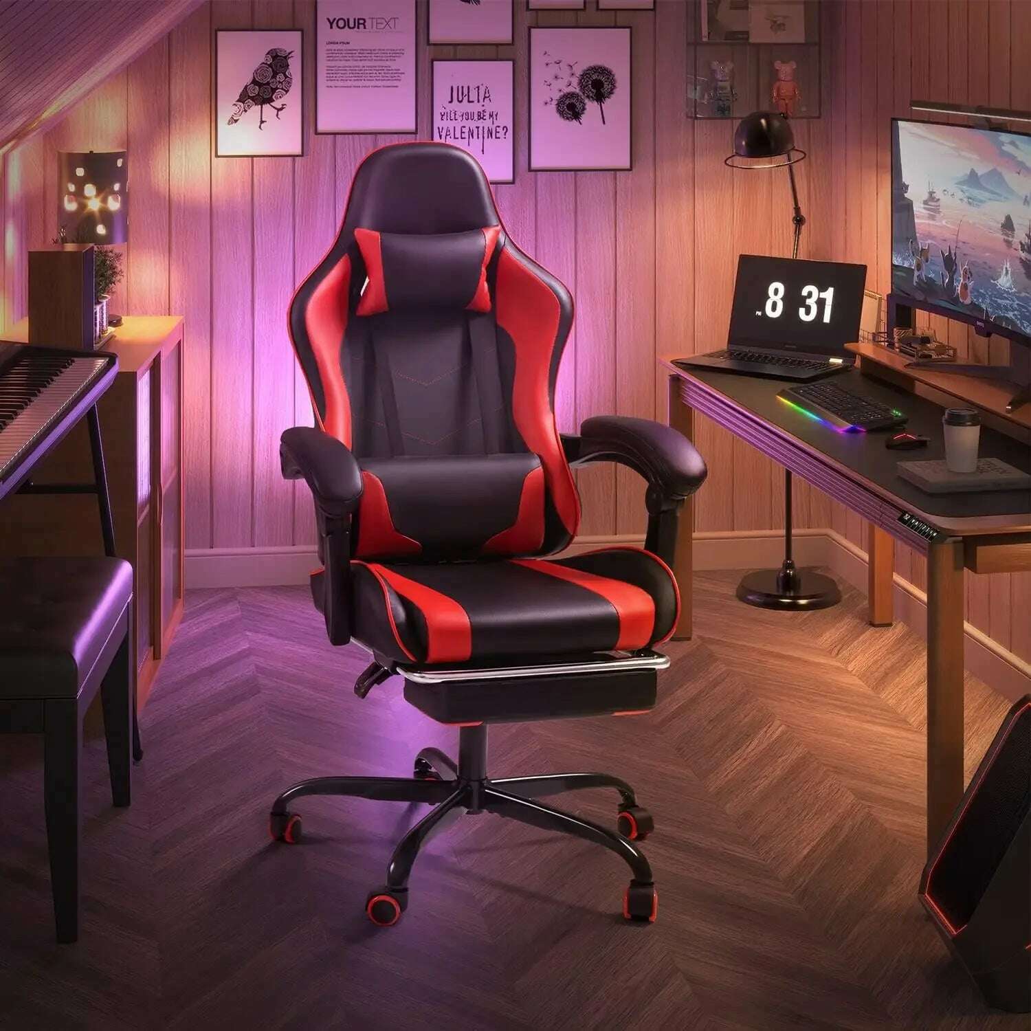 KIMLUD, Gaming Chair with Footrest and Massage Lumbar Support, Video Racing Seat Height Adjustable with 360°Swivel and Headrest, KIMLUD Womens Clothes