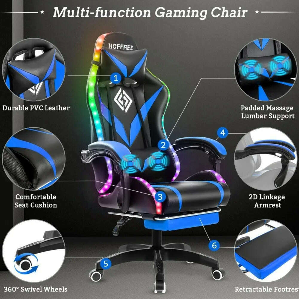 KIMLUD, Gaming Chair with Massage and LED Lights Ergonomic Video Game Chairs with Footrest High Back Reclining Computer Chair, KIMLUD Womens Clothes
