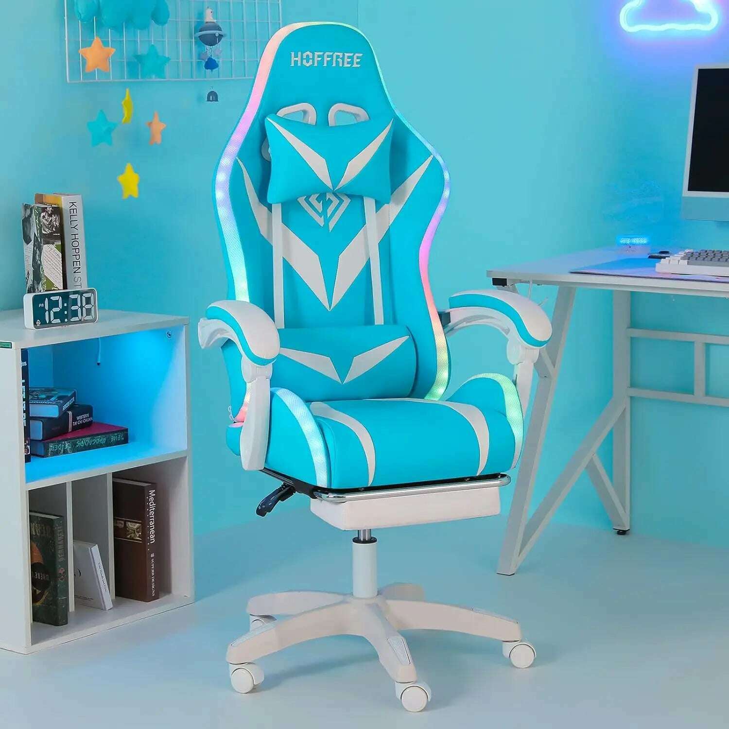 KIMLUD, Gaming Chair with Massage and LED Lights Ergonomic Video Game Chairs with Footrest High Back Reclining Computer Chair, United States / Blue white, KIMLUD APPAREL - Womens Clothes