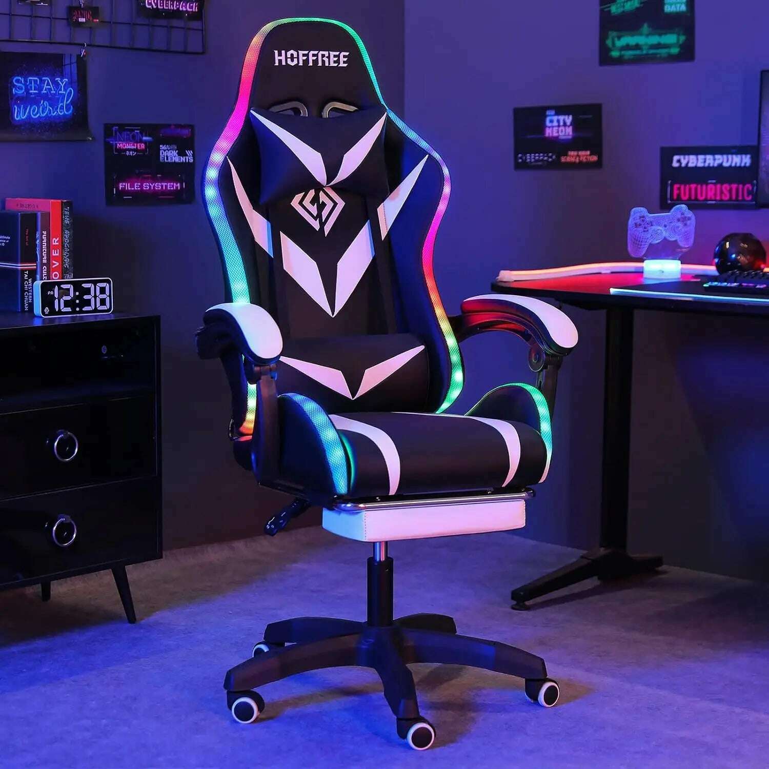 KIMLUD, Gaming Chair with Massage and LED Lights Ergonomic Video Game Chairs with Footrest High Back Reclining Computer Chair, United States / White black, KIMLUD APPAREL - Womens Clothes