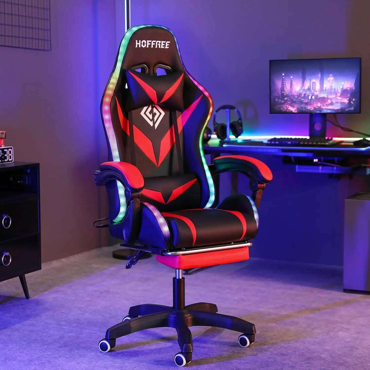 KIMLUD, Gaming Chair with Massage and LED Lights Ergonomic Video Game Chairs with Footrest High Back Reclining Computer Chair, United States / Red black, KIMLUD APPAREL - Womens Clothes