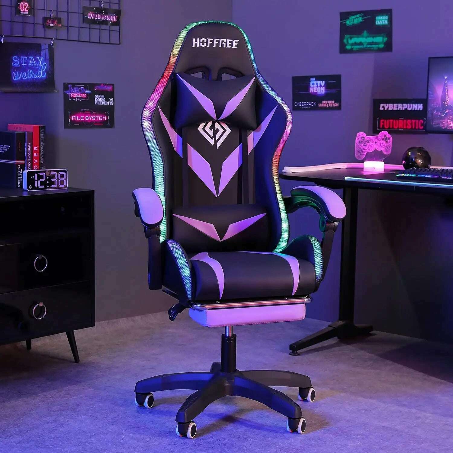 KIMLUD, Gaming Chair with Massage and LED Lights Ergonomic Video Game Chairs with Footrest High Back Reclining Computer Chair, United States / Purple black, KIMLUD APPAREL - Womens Clothes