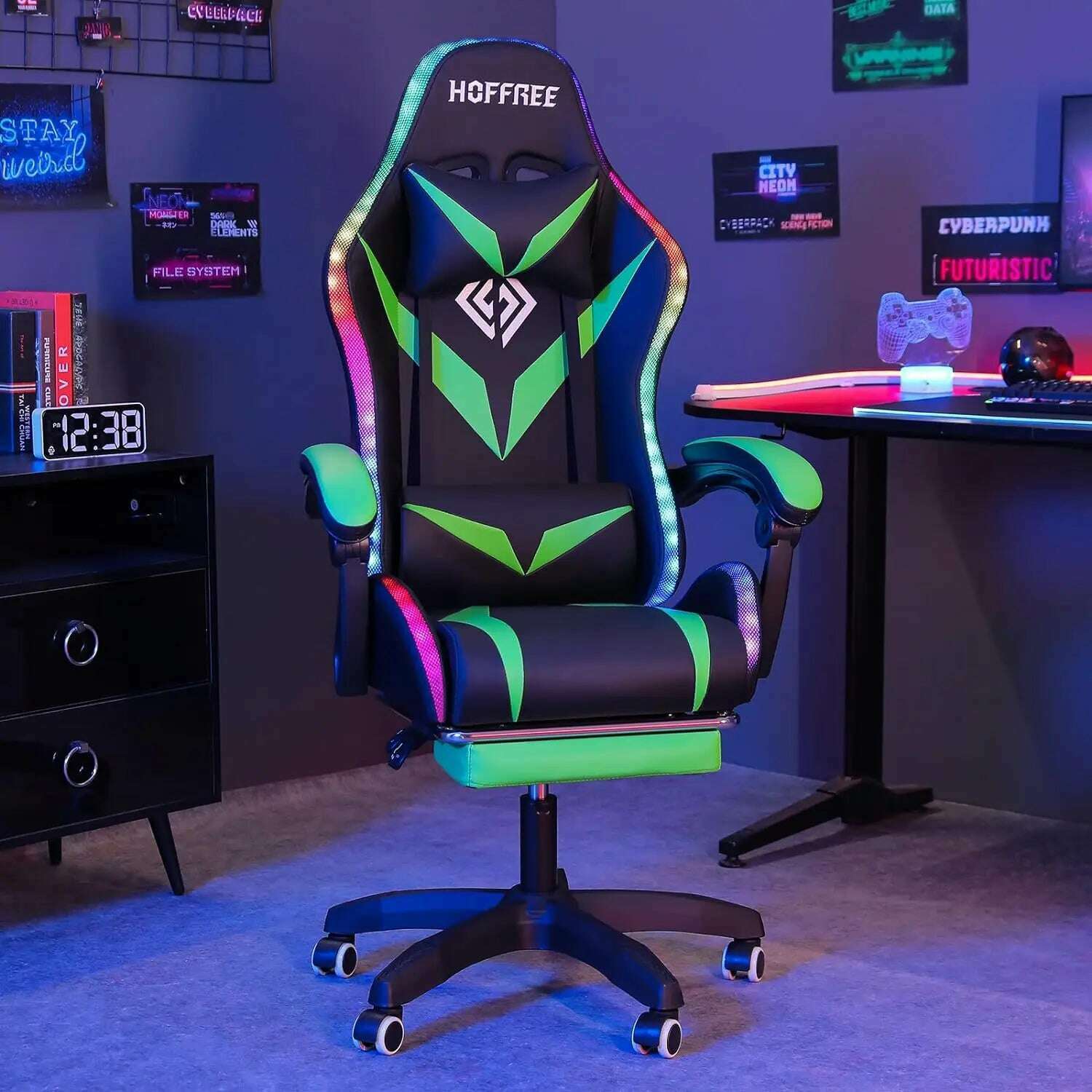 KIMLUD, Gaming Chair with Massage and LED Lights Ergonomic Video Game Chairs with Footrest High Back Reclining Computer Chair, United States / Green black, KIMLUD APPAREL - Womens Clothes