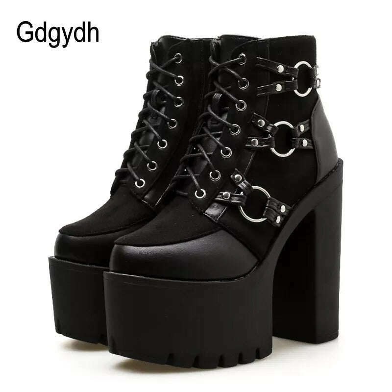 KIMLUD, Gdgydh 2022 Spring Fashion Motorcycle Boots Women Platform Heels Casual Shoes Lacing Round Toe Shoes Ladies Autumn Boots Black, KIMLUD Womens Clothes