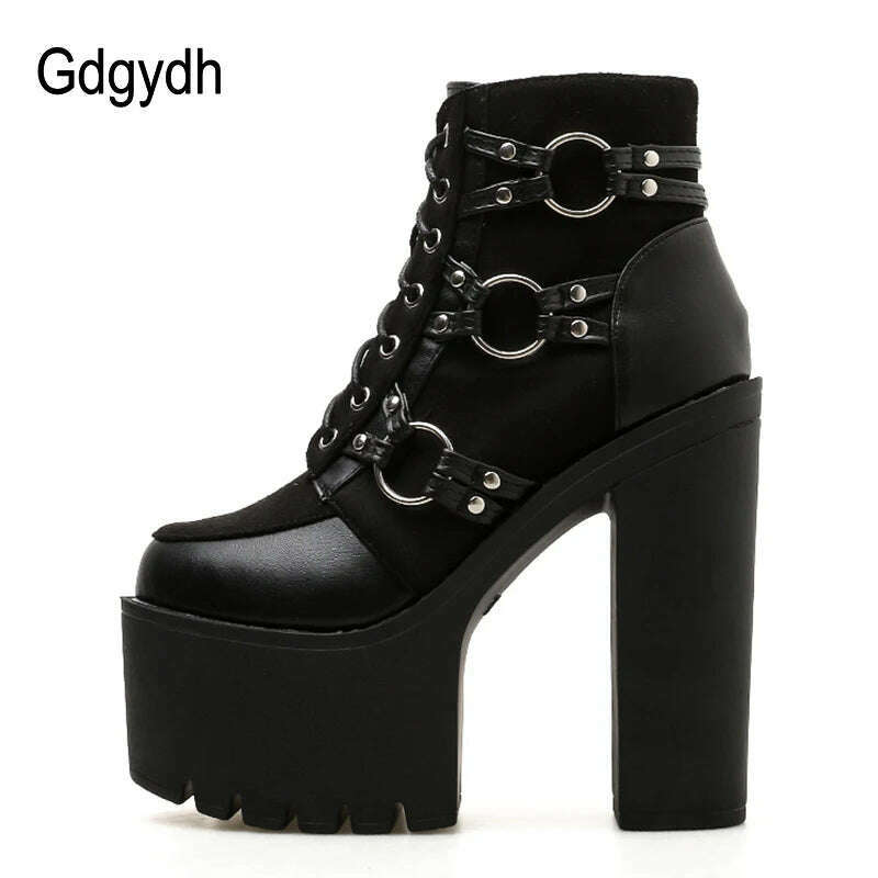 KIMLUD, Gdgydh 2022 Spring Fashion Motorcycle Boots Women Platform Heels Casual Shoes Lacing Round Toe Shoes Ladies Autumn Boots Black, KIMLUD Womens Clothes