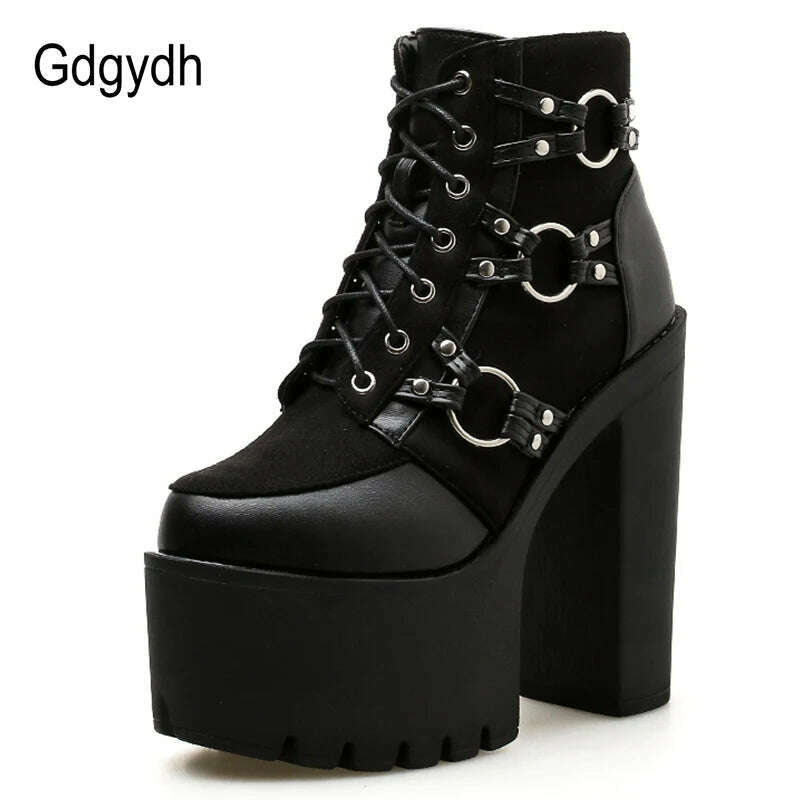 KIMLUD, Gdgydh 2022 Spring Fashion Motorcycle Boots Women Platform Heels Casual Shoes Lacing Round Toe Shoes Ladies Autumn Boots Black, KIMLUD Womens Clothes