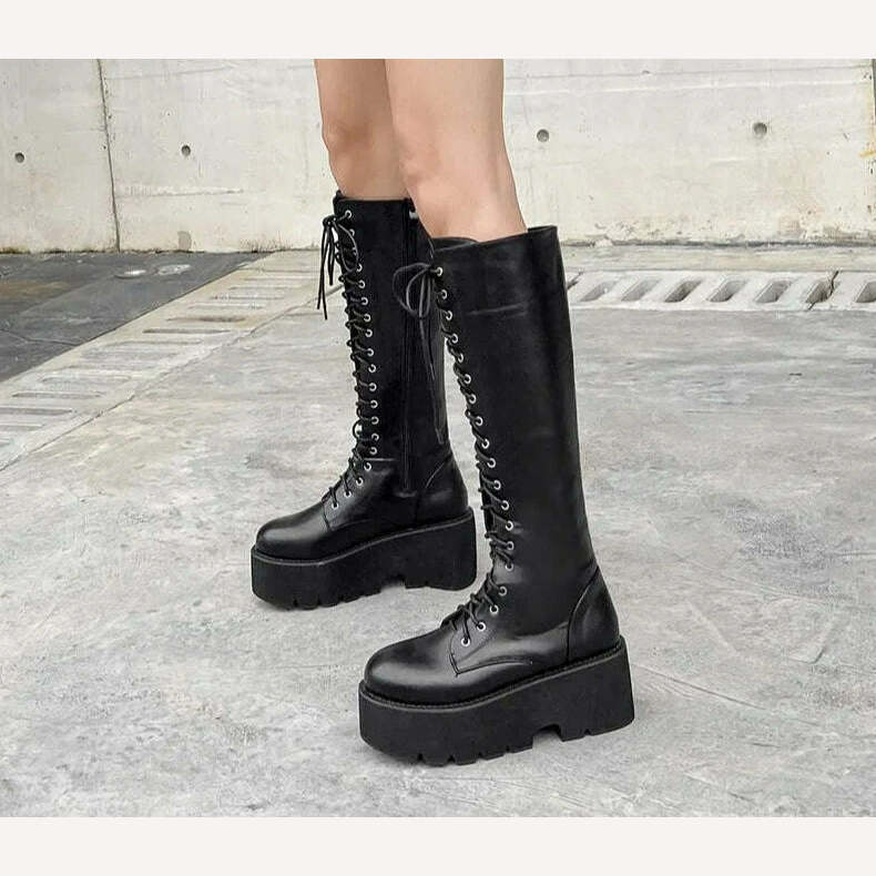 Gdgydh Chunky Platform Heels Pu Leather Knee High Boots Women Retro Punk Long Boots Woman Lace Up Booties Mujer 2022 New Fall, KIMLUD Women's Clothes