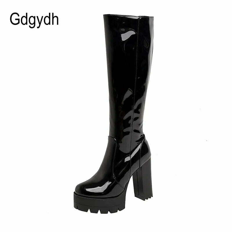 KIMLUD, Gdgydh Patent Leather Platform Long Boots Gothic Black White Fashion Square Heel Knee High Boots Women With Zipper Good Quality, KIMLUD Women's Clothes