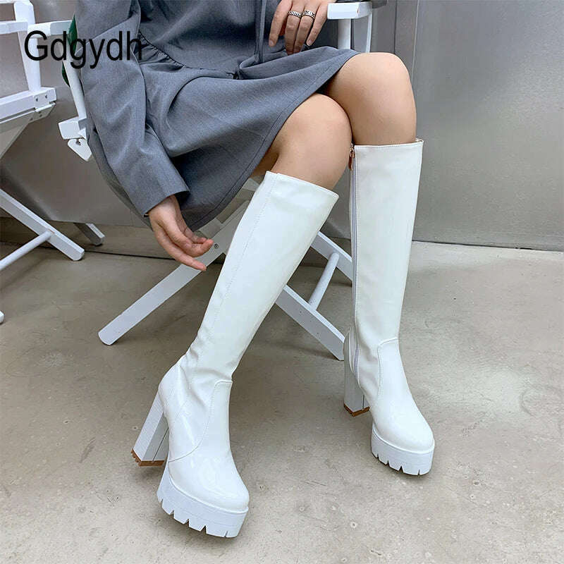 KIMLUD, Gdgydh Patent Leather Platform Long Boots Gothic Black White Fashion Square Heel Knee High Boots Women With Zipper Good Quality, KIMLUD Womens Clothes