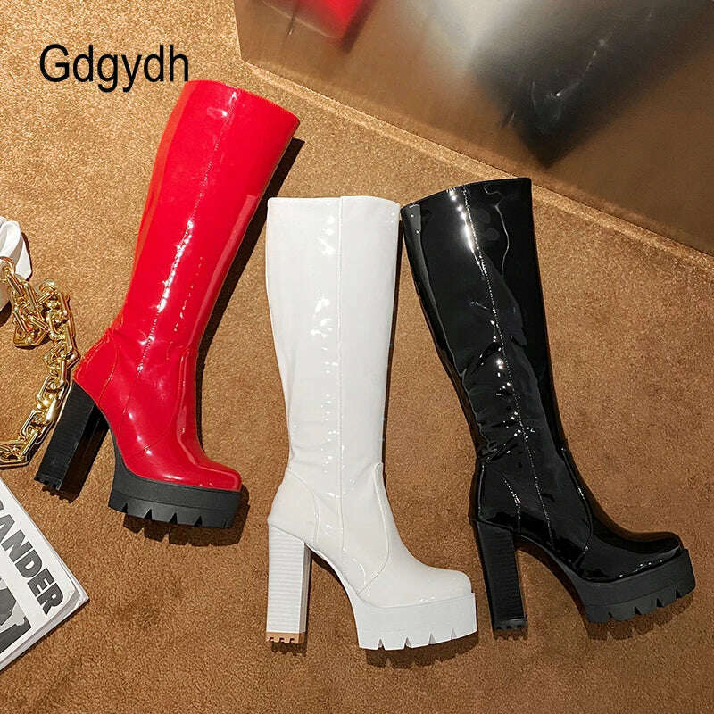 KIMLUD, Gdgydh Patent Leather Platform Long Boots Gothic Black White Fashion Square Heel Knee High Boots Women With Zipper Good Quality, KIMLUD Womens Clothes