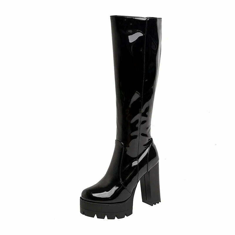 KIMLUD, Gdgydh Patent Leather Platform Long Boots Gothic Black White Fashion Square Heel Knee High Boots Women With Zipper Good Quality, black shoes / 4, KIMLUD Womens Clothes