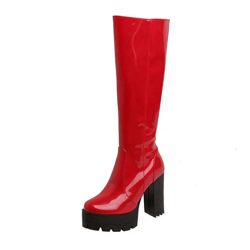 KIMLUD, Gdgydh Patent Leather Platform Long Boots Gothic Black White Fashion Square Heel Knee High Boots Women With Zipper Good Quality, red shoes / 4, KIMLUD Womens Clothes