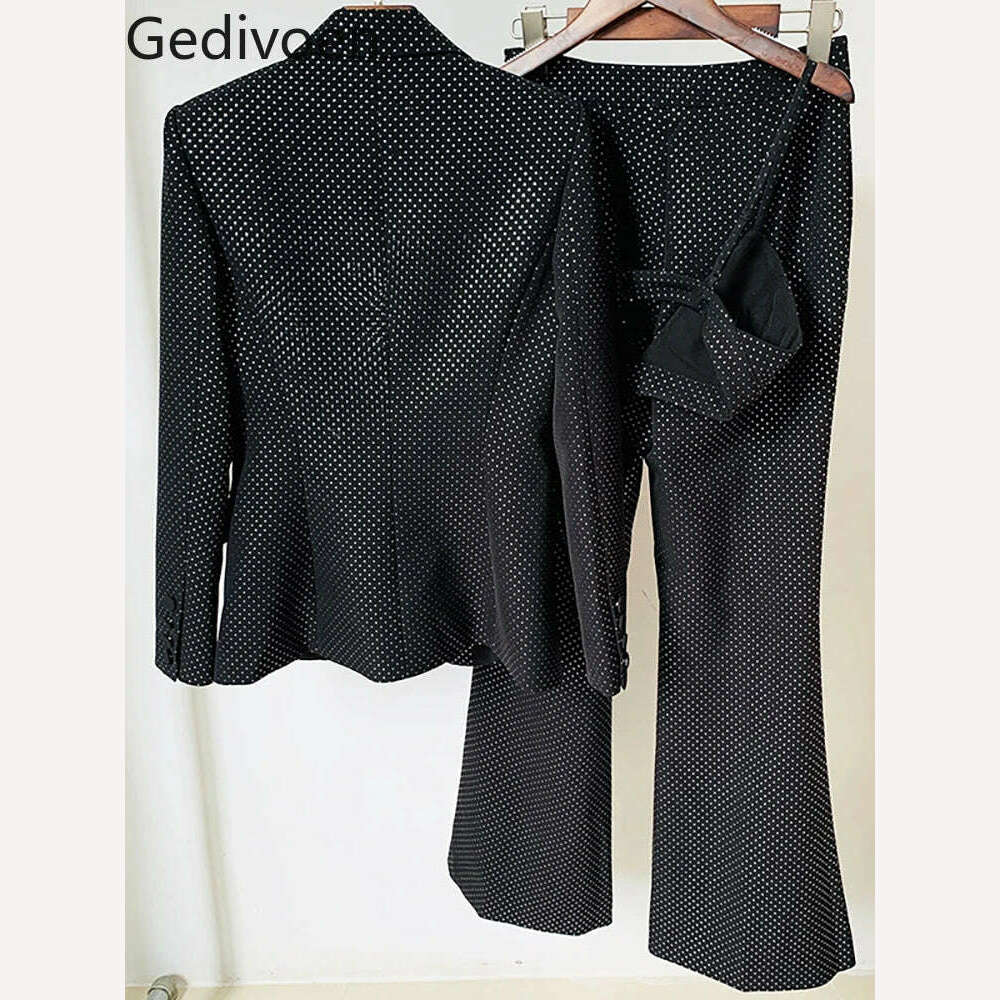 KIMLUD, Gedivoen High Quality Spring Women Fashion Designer Three Piece Sets Sexy Cami + Long Slim Jacket + Dot Flare Long Pants Suits, KIMLUD Womens Clothes