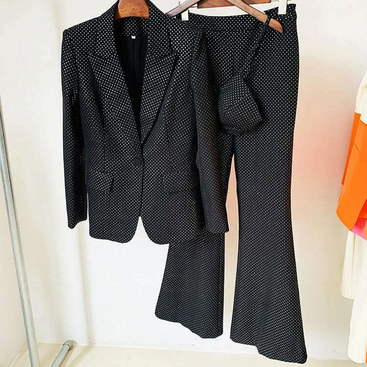 KIMLUD, Gedivoen High Quality Spring Women Fashion Designer Three Piece Sets Sexy Cami + Long Slim Jacket + Dot Flare Long Pants Suits, KIMLUD Womens Clothes