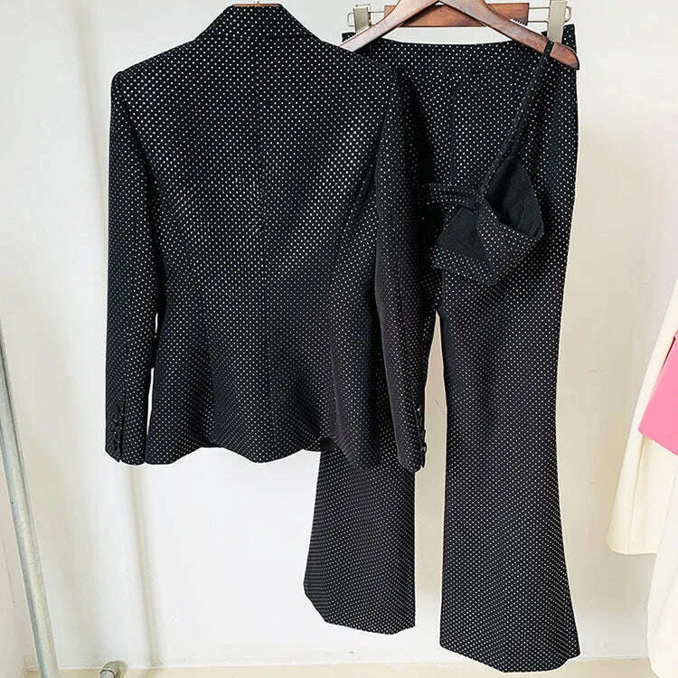 KIMLUD, Gedivoen High Quality Spring Women Fashion Designer Three Piece Sets Sexy Cami + Long Slim Jacket + Dot Flare Long Pants Suits, KIMLUD Womens Clothes