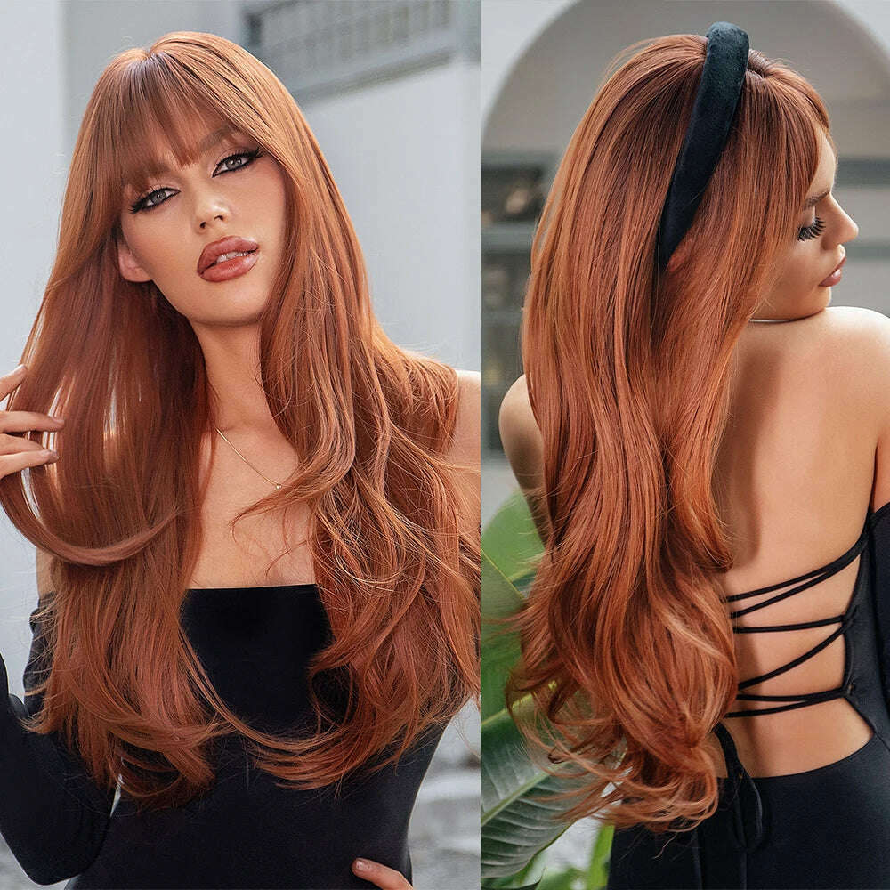KIMLUD, GEMMA Red Brown Copper Ginger Long Straight Synthetic Wigs for Women Natural Wave Wigs with Bangs Heat Resistant Cosplay Hair, KIMLUD Womens Clothes