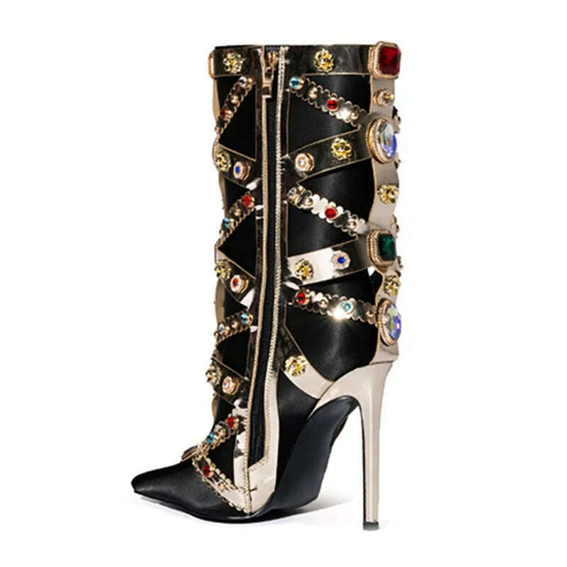 KIMLUD, Gemstone Metal Strap Stiletto Mid-Calf Boots Woman Winter 2023 Black Purple Rhinestones Side Zipper Pointed Toe Boots Fashion, KIMLUD Womens Clothes