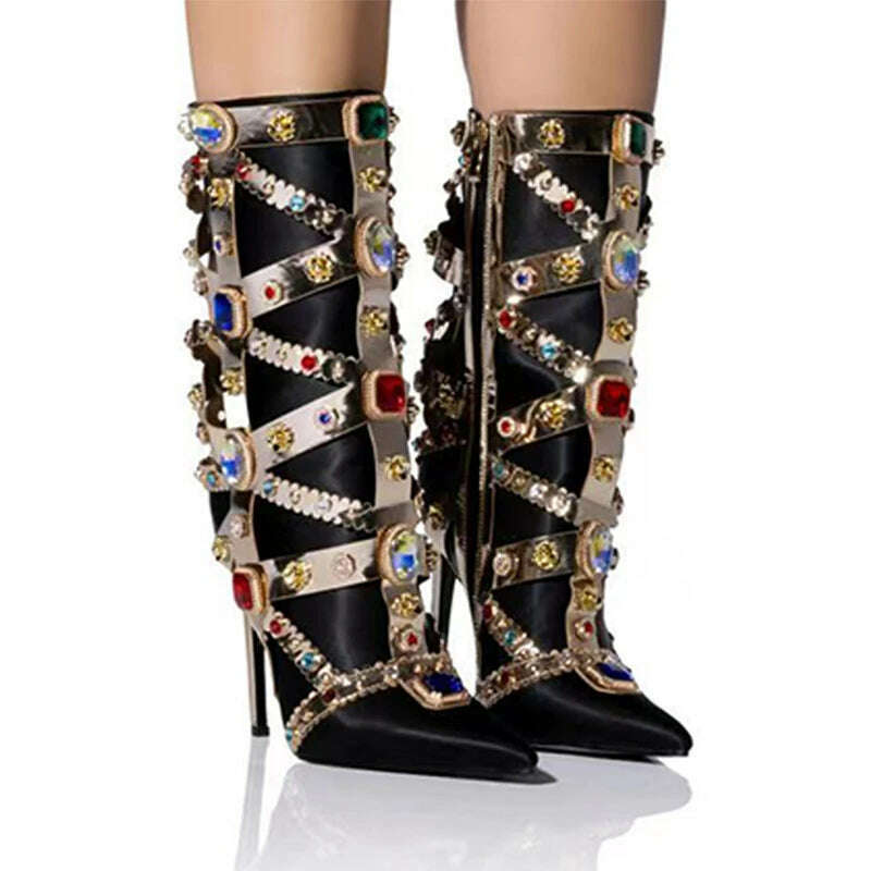 KIMLUD, Gemstone Metal Strap Stiletto Mid-Calf Boots Woman Winter 2023 Black Purple Rhinestones Side Zipper Pointed Toe Boots Fashion, KIMLUD Womens Clothes
