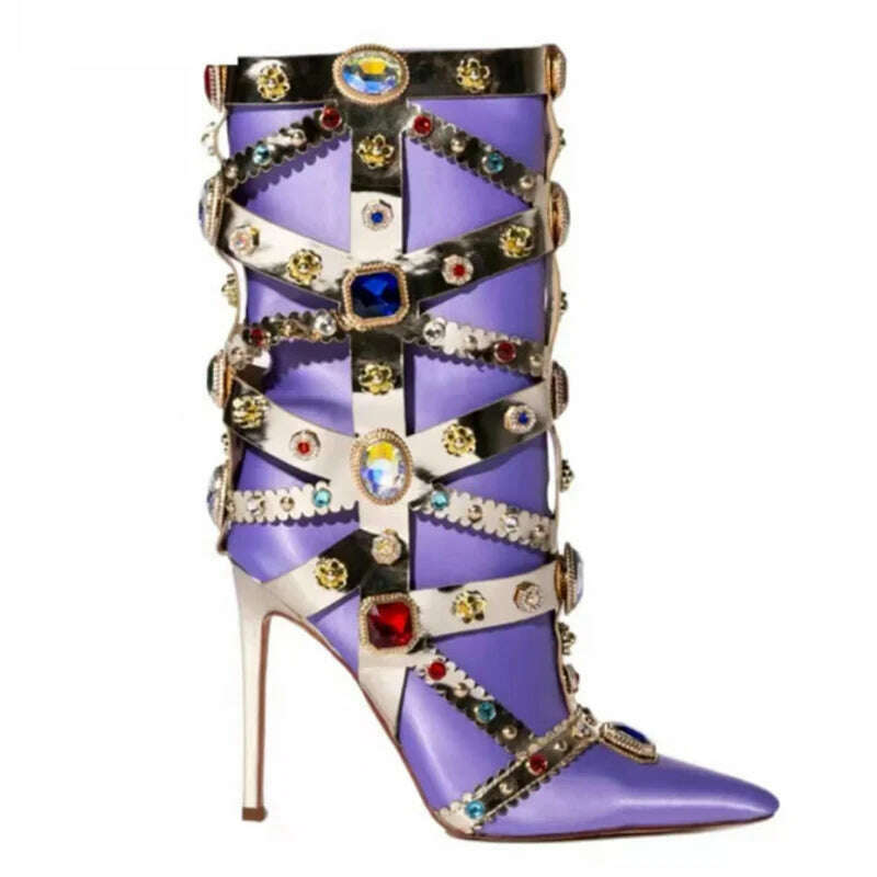 KIMLUD, Gemstone Metal Strap Stiletto Mid-Calf Boots Woman Winter 2023 Black Purple Rhinestones Side Zipper Pointed Toe Boots Fashion, PURPLE / 34, KIMLUD APPAREL - Womens Clothes
