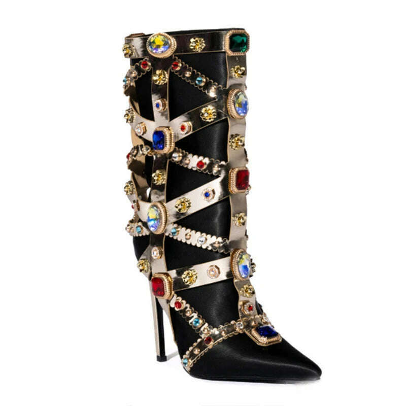 KIMLUD, Gemstone Metal Strap Stiletto Mid-Calf Boots Woman Winter 2023 Black Purple Rhinestones Side Zipper Pointed Toe Boots Fashion, KIMLUD Womens Clothes