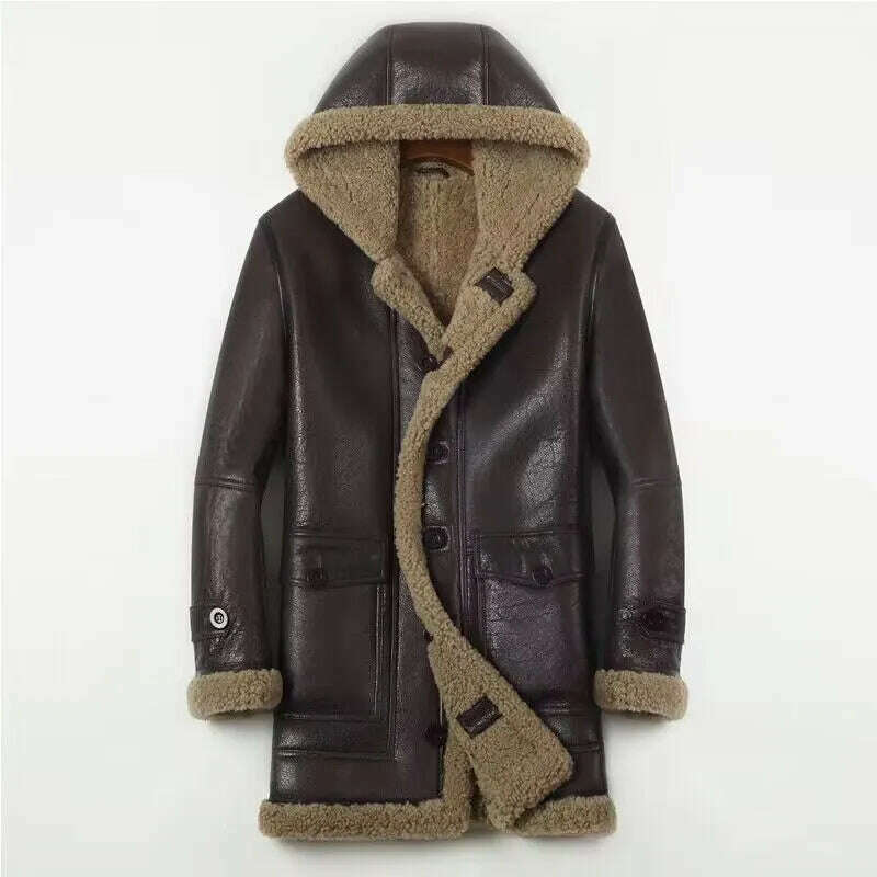 KIMLUD, Gentleman 2023 Genuine Sheepskin Shearling Fur Coat with a Hood Male Winter Warm Thick Long Jacket Wool Liner Brown 4XL 5XL 6XL, KIMLUD Women's Clothes