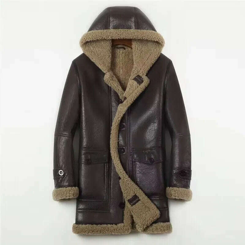 Gentleman 2023 Genuine Sheepskin Shearling Fur Coat with a Hood Male Winter Warm Thick Long Jacket Wool Liner Brown 4XL 5XL 6XL - KIMLUD