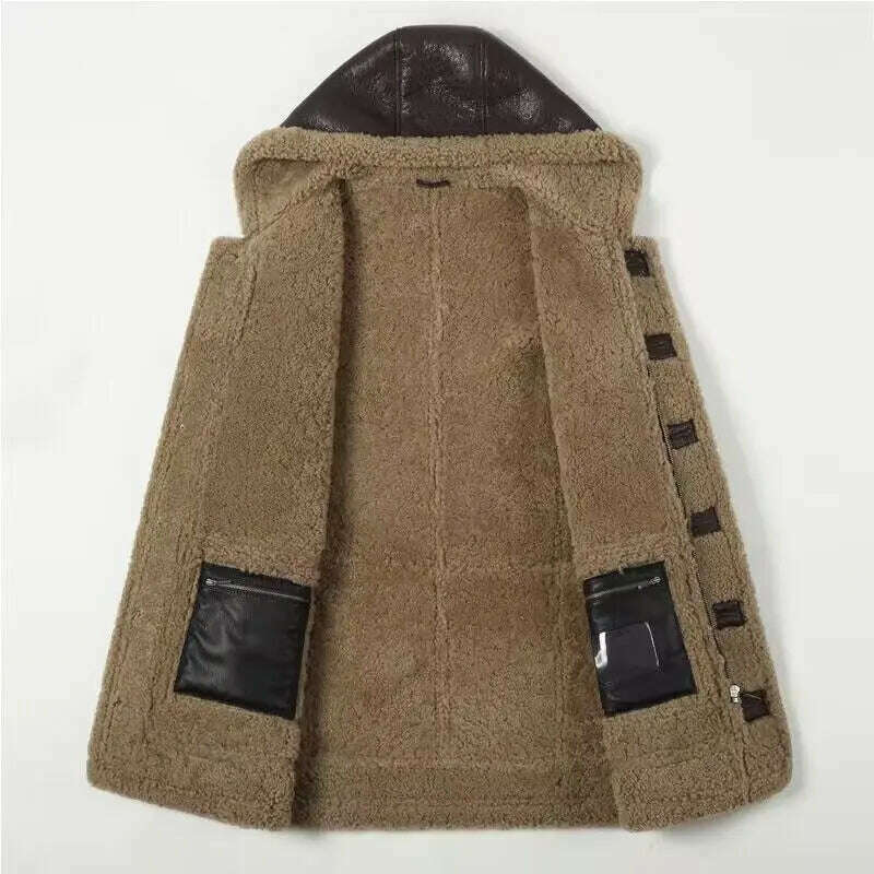 Gentleman 2023 Genuine Sheepskin Shearling Fur Coat with a Hood Male Winter Warm Thick Long Jacket Wool Liner Brown 4XL 5XL 6XL - KIMLUD