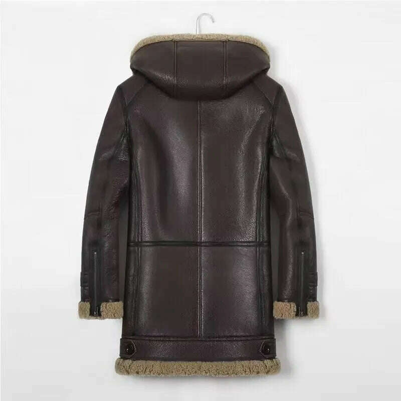 KIMLUD, Gentleman 2023 Genuine Sheepskin Shearling Fur Coat with a Hood Male Winter Warm Thick Long Jacket Wool Liner Brown 4XL 5XL 6XL, KIMLUD Womens Clothes