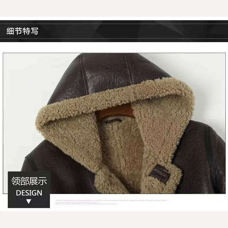 Gentleman 2023 Genuine Sheepskin Shearling Fur Coat with a Hood Male Winter Warm Thick Long Jacket Wool Liner Brown 4XL 5XL 6XL - KIMLUD