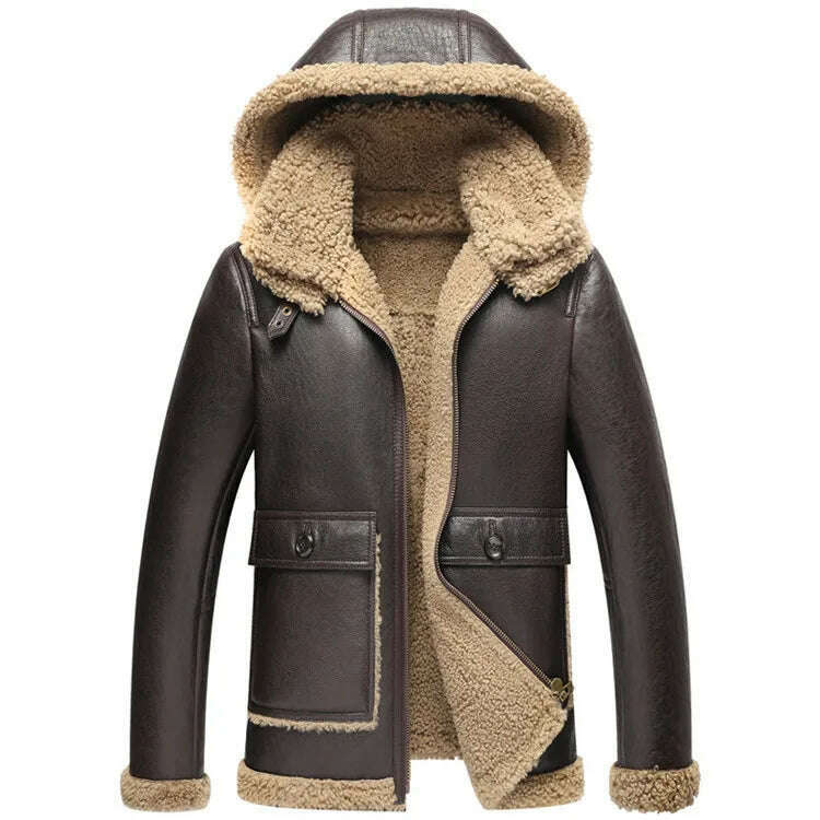 KIMLUD, Gentleman 2023 Genuine Sheepskin Shearling Fur Coat with a Hood Male Winter Warm Thick Long Jacket Wool Liner Brown 4XL 5XL 6XL, Brown / M, KIMLUD Womens Clothes