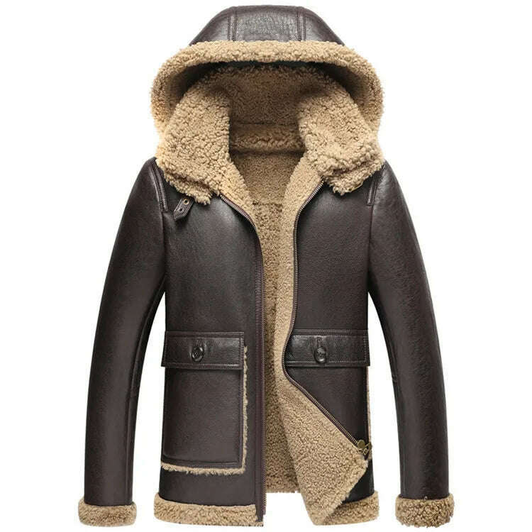 Gentleman 2023 Genuine Sheepskin Shearling Fur Coat with a Hood Male Winter Warm Thick Long Jacket Wool Liner Brown 4XL 5XL 6XL - KIMLUD