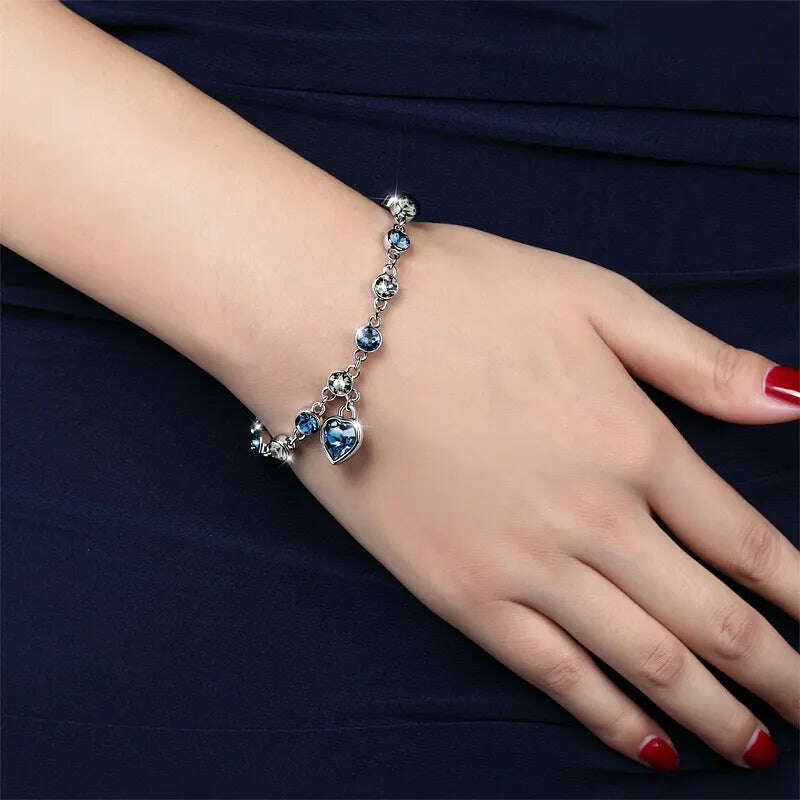 KIMLUD, Genuine 925 Sterling Silver Heart Bracelets For Women Blue Sapphire Tanzanite Chain Bracelet Trendy Wedding Gift Fine Jewelry, White And Blue / 16-19cm, KIMLUD Women's Clothes