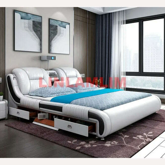 Genuine Leather Bed Multifunctional Beds Ultimate Massage Camas with Bluetooth,Speaker,Safe,Air Cleaner, Projector,Drawers, KIMLUD Women's Clothes