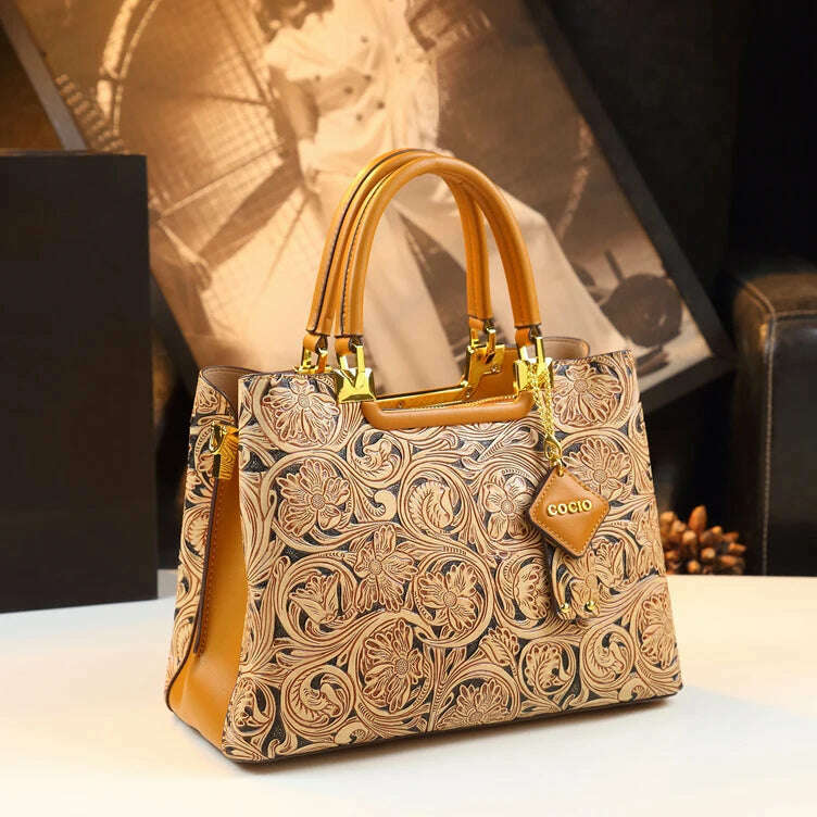 KIMLUD, Genuine Leather Carving Women's Handbags Original Design Lady Fashion Shoulder Messenger Bag Retro New Portable Tote Mom Bags, 1, KIMLUD APPAREL - Womens Clothes