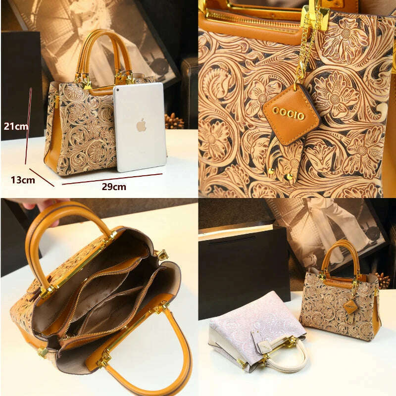 KIMLUD, Genuine Leather Carving Women's Handbags Original Design Lady Fashion Shoulder Messenger Bag Retro New Portable Tote Mom Bags, KIMLUD Womens Clothes