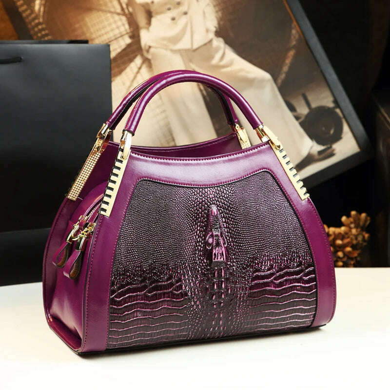 KIMLUD, Genuine leather crocodile pattern handbag Women middle-aged female bag mother bag shoulder messenger bag multi-layer large bag, purple, KIMLUD Womens Clothes