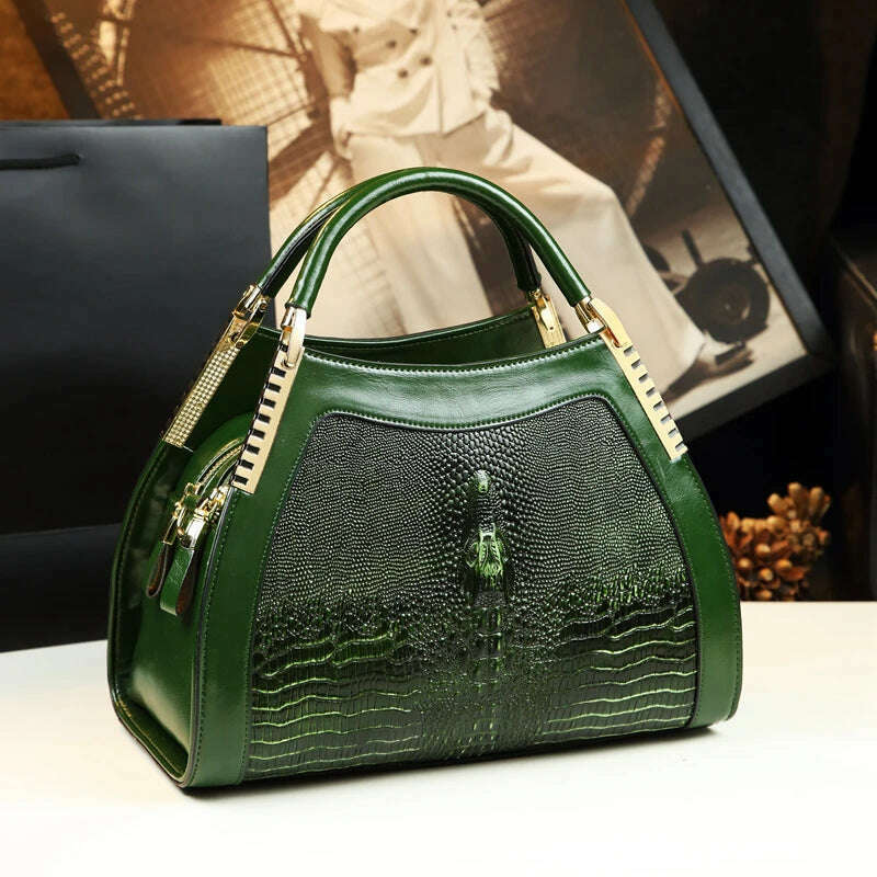 KIMLUD, Genuine leather crocodile pattern handbag Women middle-aged female bag mother bag shoulder messenger bag multi-layer large bag, Green, KIMLUD Womens Clothes