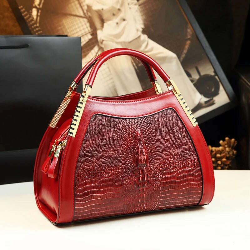 KIMLUD, Genuine leather crocodile pattern handbag Women middle-aged female bag mother bag shoulder messenger bag multi-layer large bag, red, KIMLUD Womens Clothes